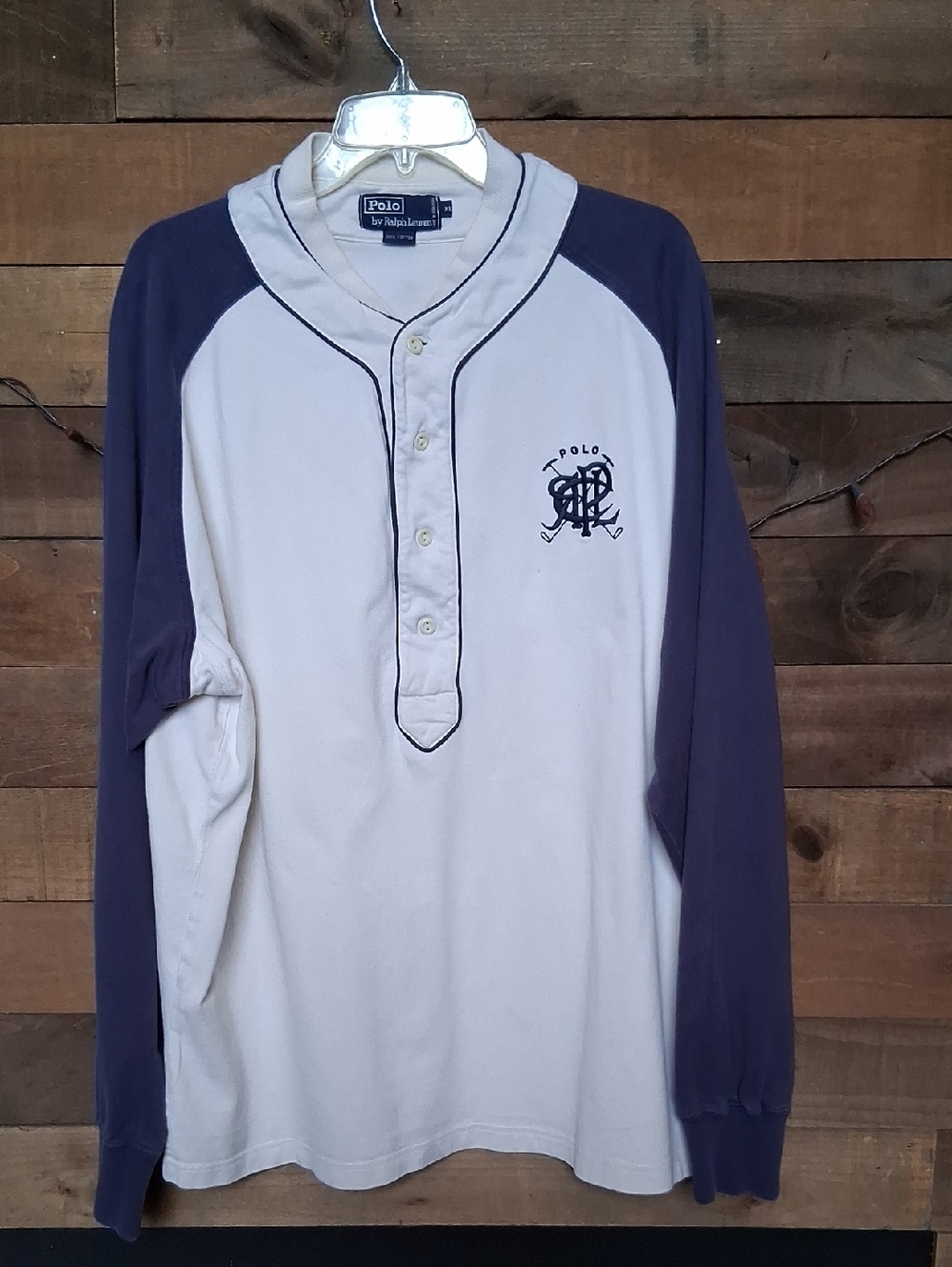 Polo by Ralph Lauren Two-Tone Henley Shirt - White & Navy 1990's.